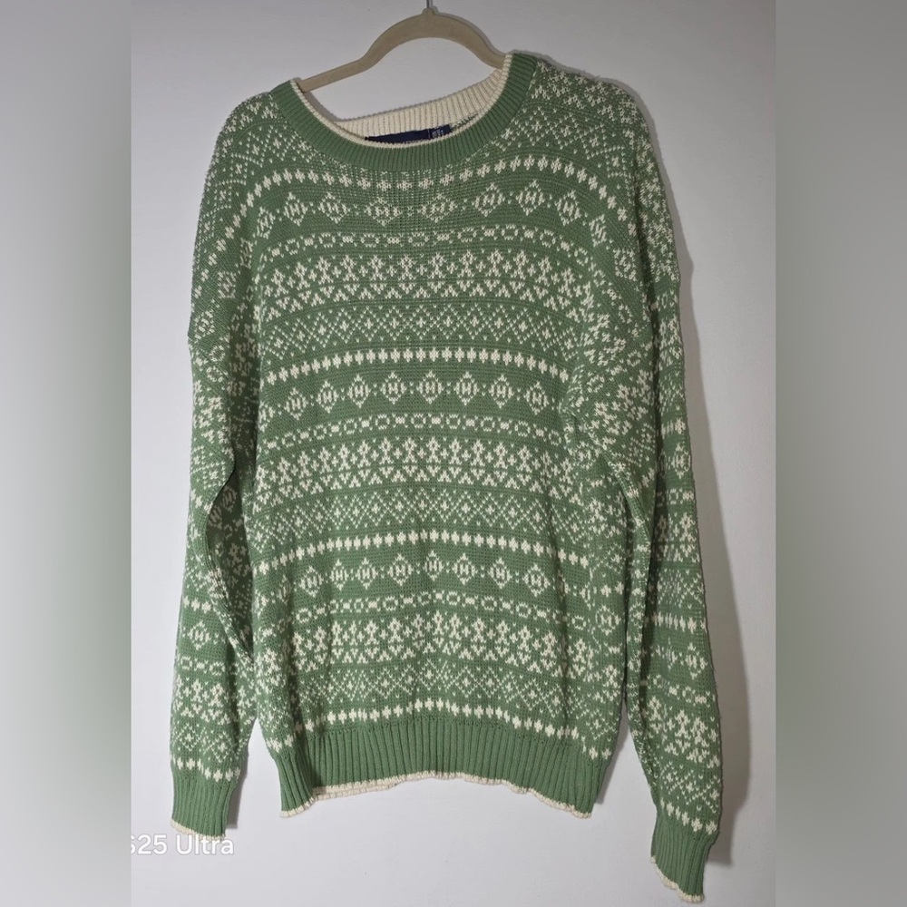 Vintage JOHN WEITZ Hand Framed Cotton Knitted Sweater Made In USA‎ L Green/Cream